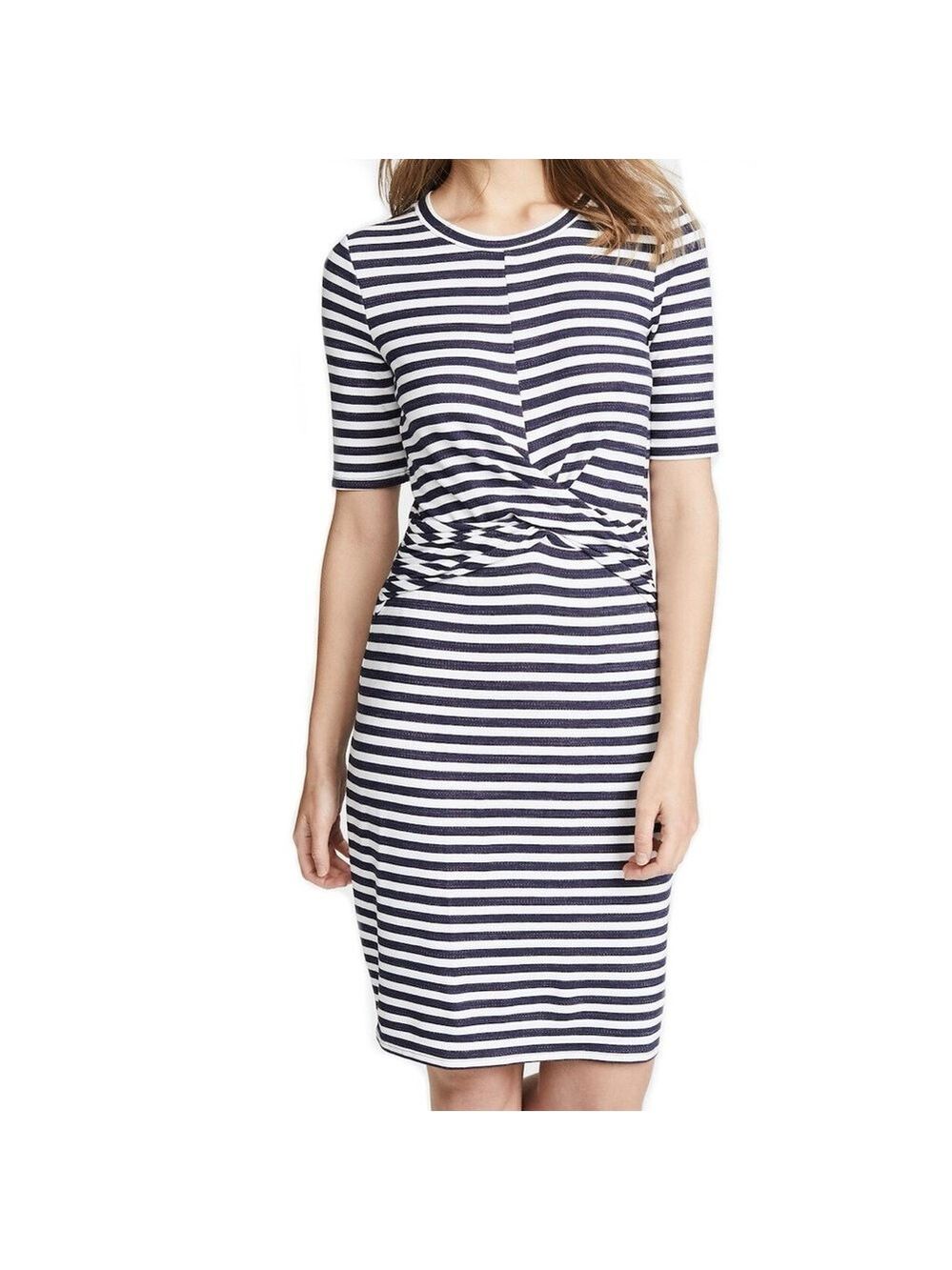 Three Dots White Navy Blue Stripe Twist Front Bodycon Dress XS Made in USA